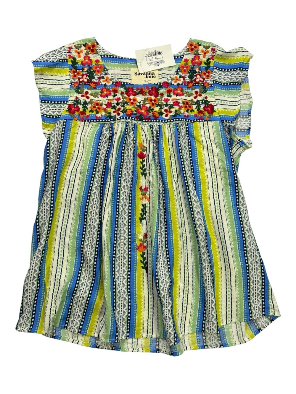 Savanna Jane Embroidered Boho Top Size Medium NWT Floral Stripe